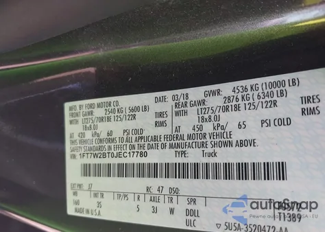 2018 Ford F-250 Xlt from USA, damaged, VIN 1FT7W2BT0JEC17780